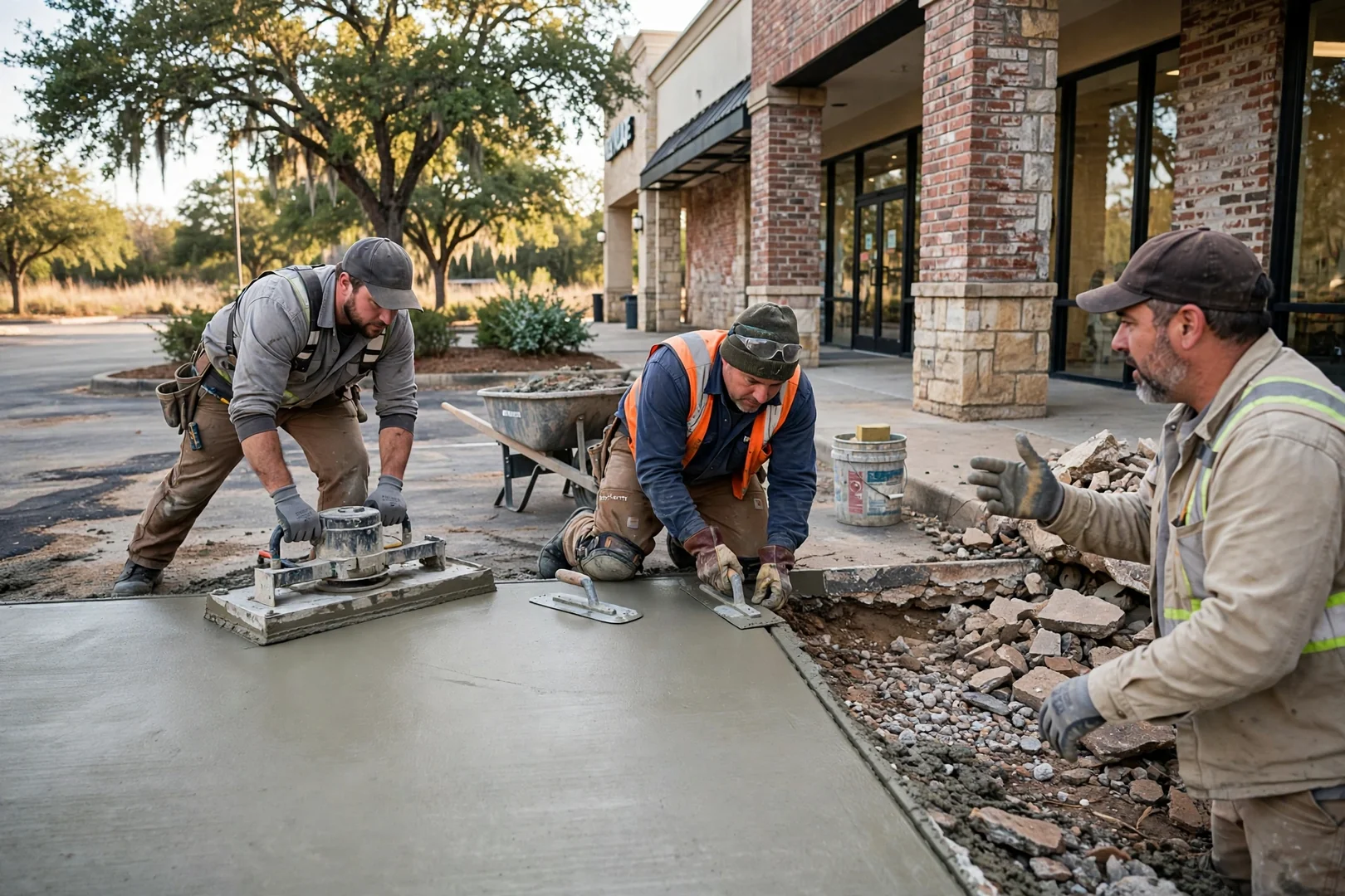 Crew finishing a freshly poured commercial concrete slab at a Highland Village retail property