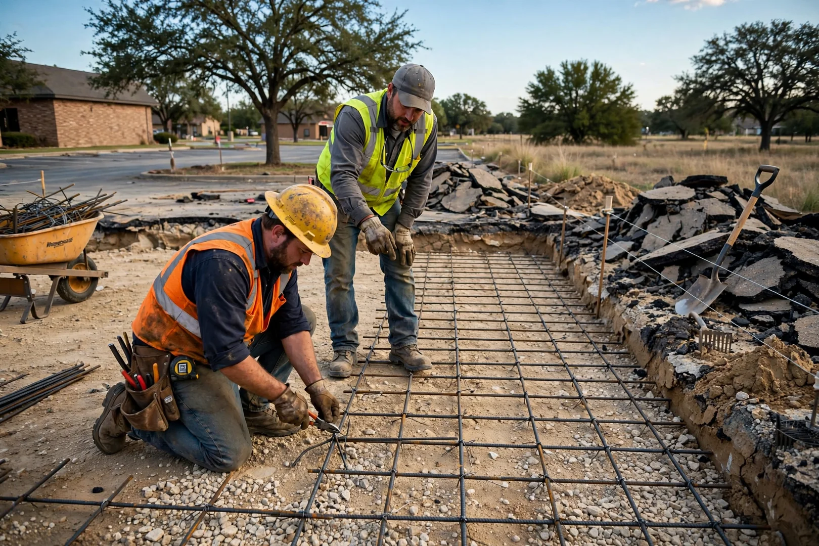 Rebar grid set on compacted subgrade before a commercial parking pad pour