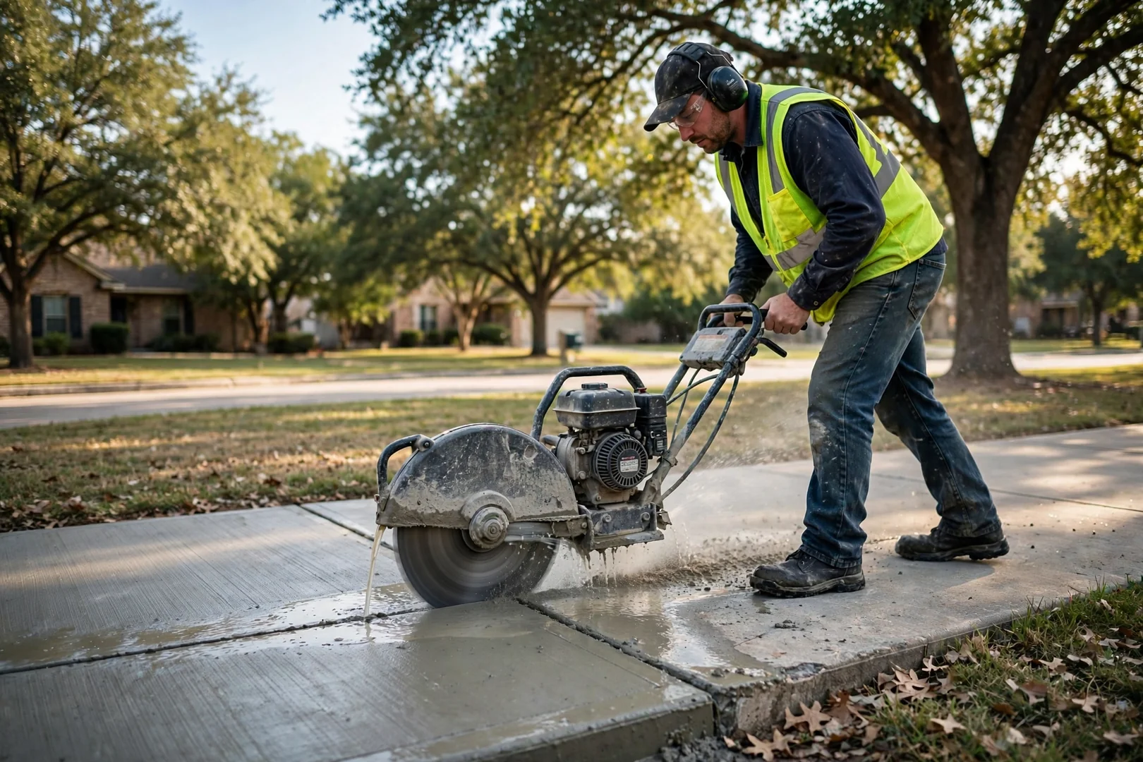 Worker saw cutting control joints into a new broom finished sidewalk section