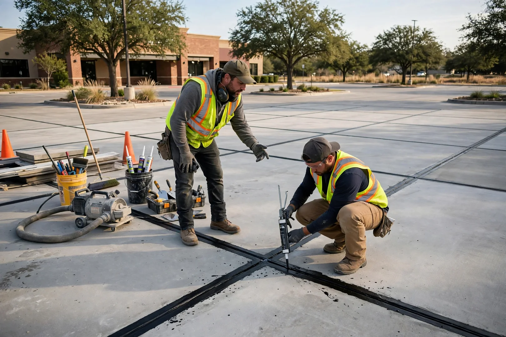Restored commercial parking lot with resealed joints and level concrete panels after repair