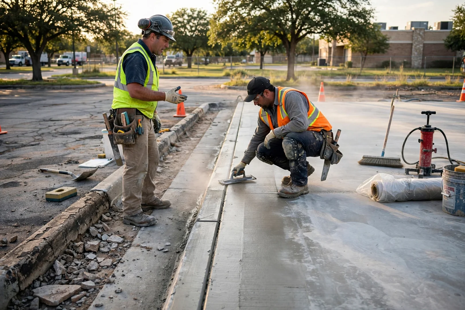 Freshly poured commercial parking lot slab curing beside a repaired concrete curb line