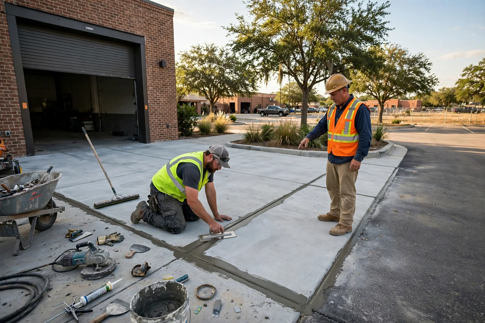 Wide view of restored concrete loading dock apron at a Highland Village business