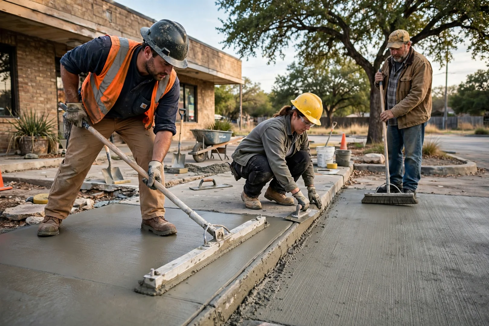 Crew finishing a broom-textured commercial sidewalk with a bull float