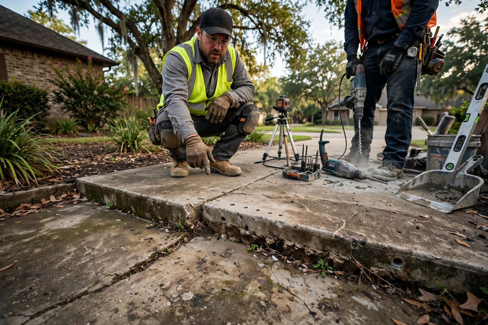 Settled walkway panel before slab jacking shows an uneven step and trip hazard