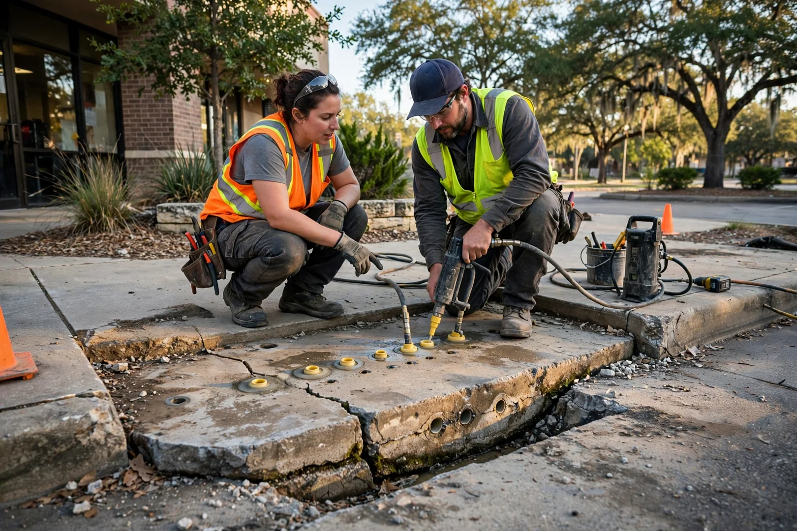Polyurethane injection ports drilled into a sunken commercial sidewalk section