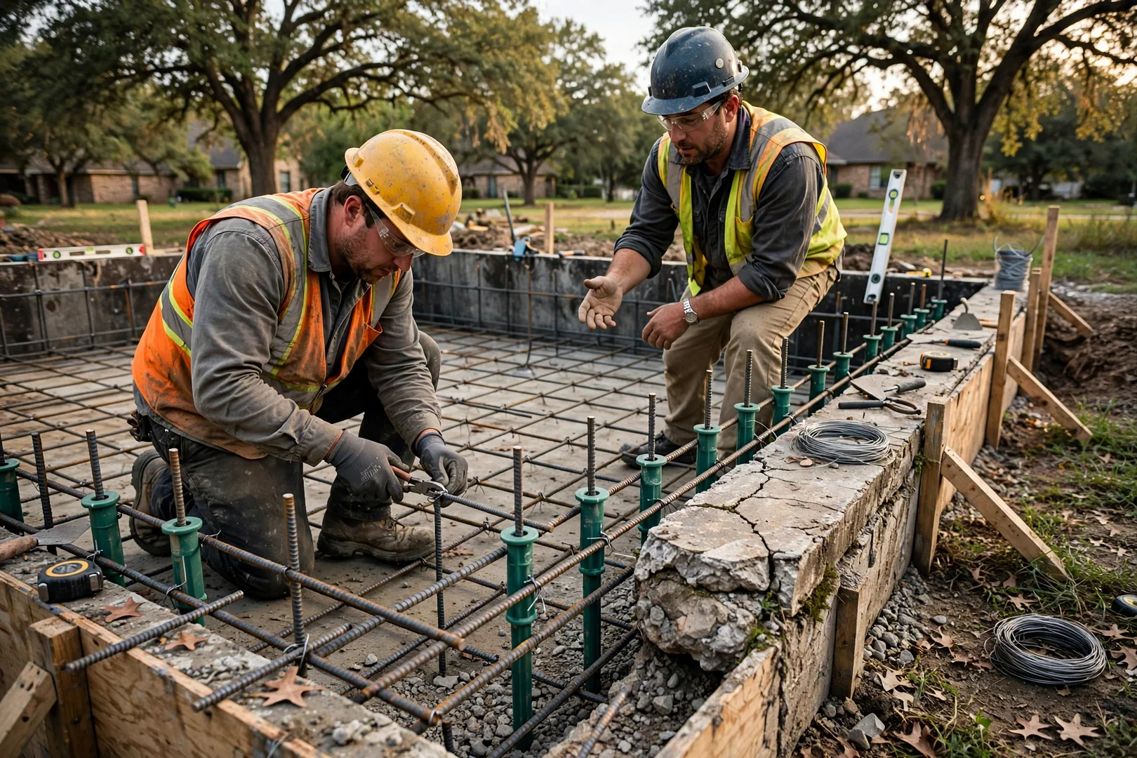 Rebar and dowel layout prepared inside forms for a commercial concrete slab pour