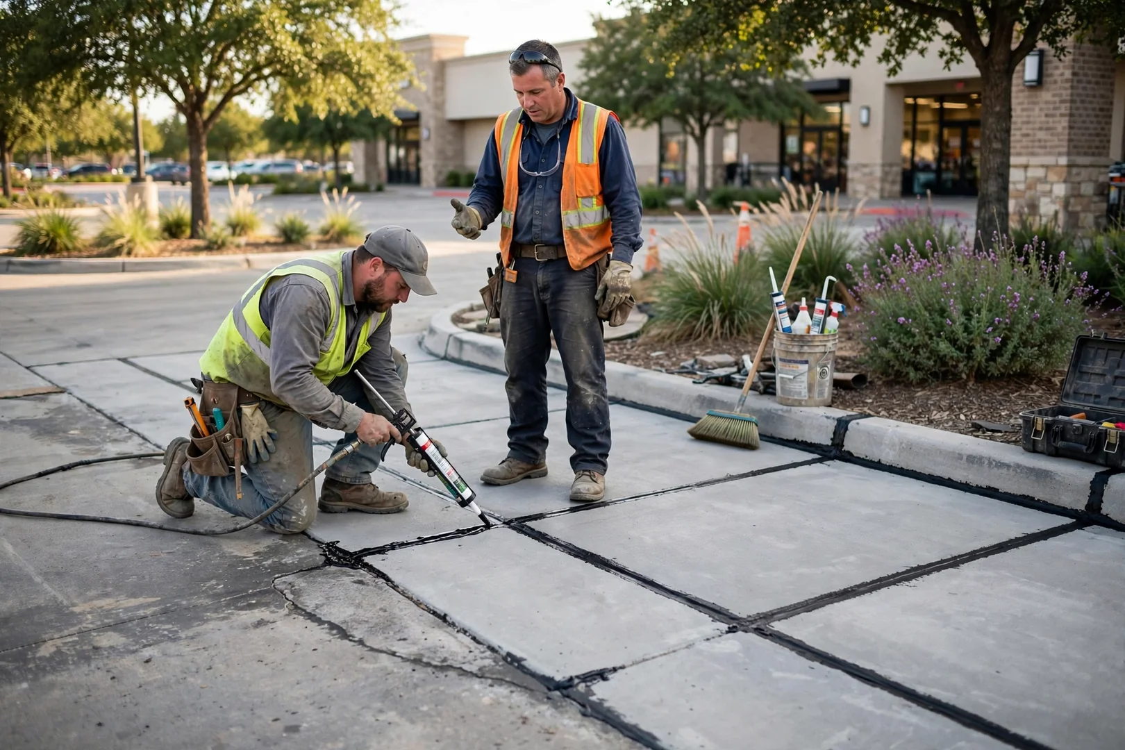 Completed concrete drive lane and curb with new joint sealant at a retail center
