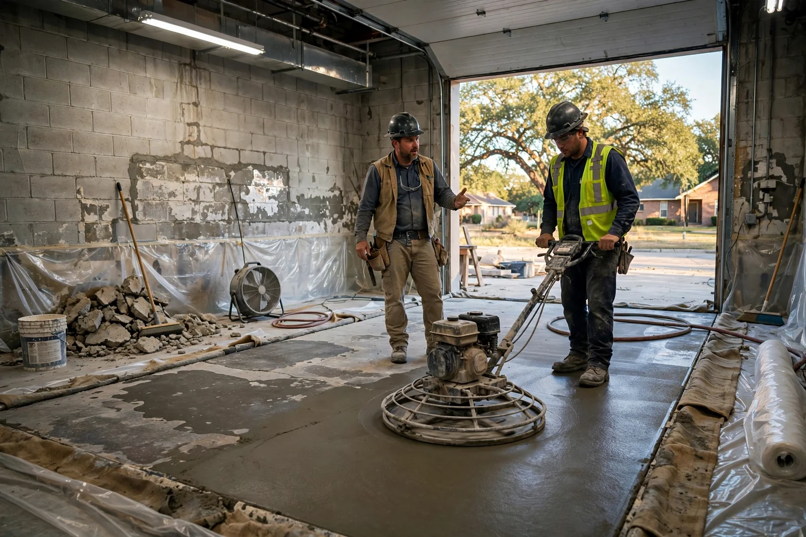 Power troweled commercial floor slab curing inside a Highland Village service building