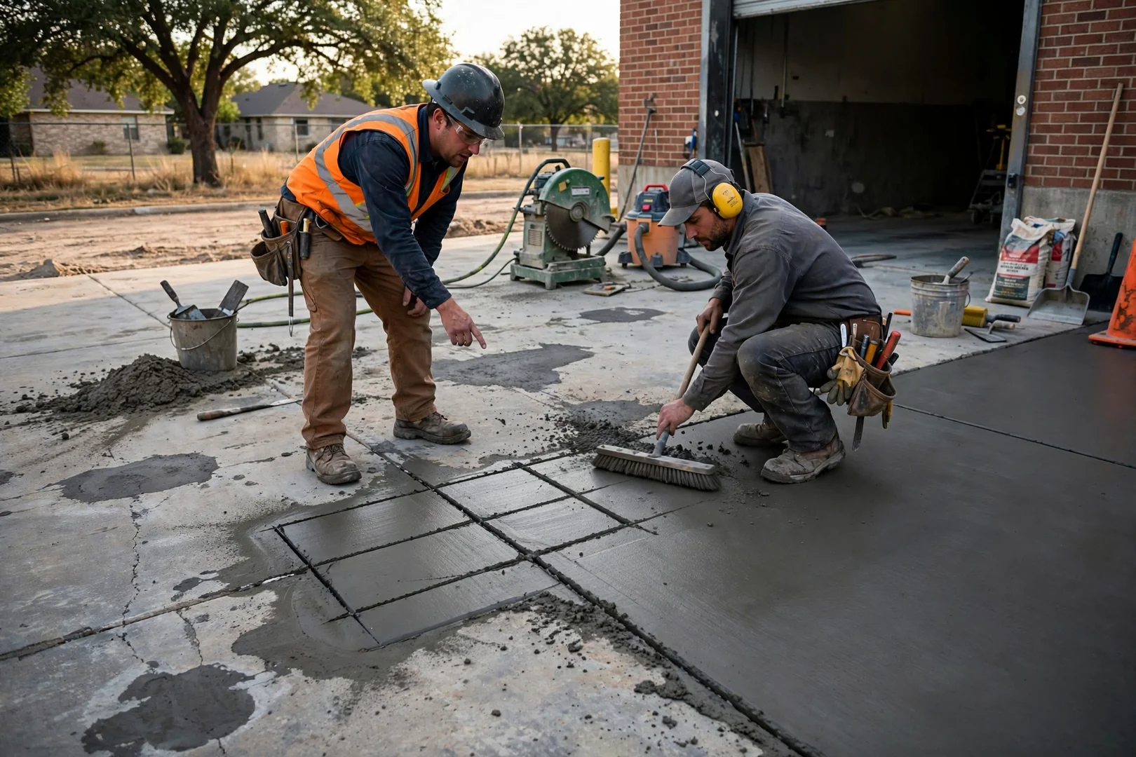Restored concrete loading area with fresh sawcut control joints and clean edges