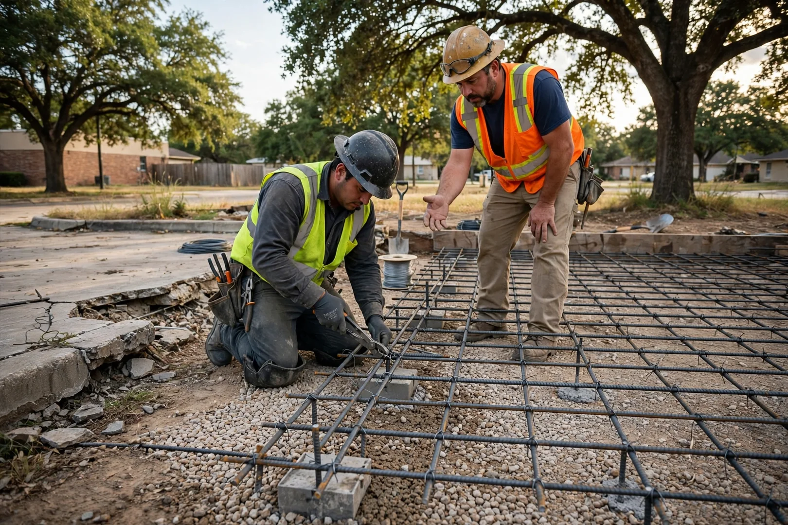 Rebar grid tied and chaired over compacted base before a commercial pour