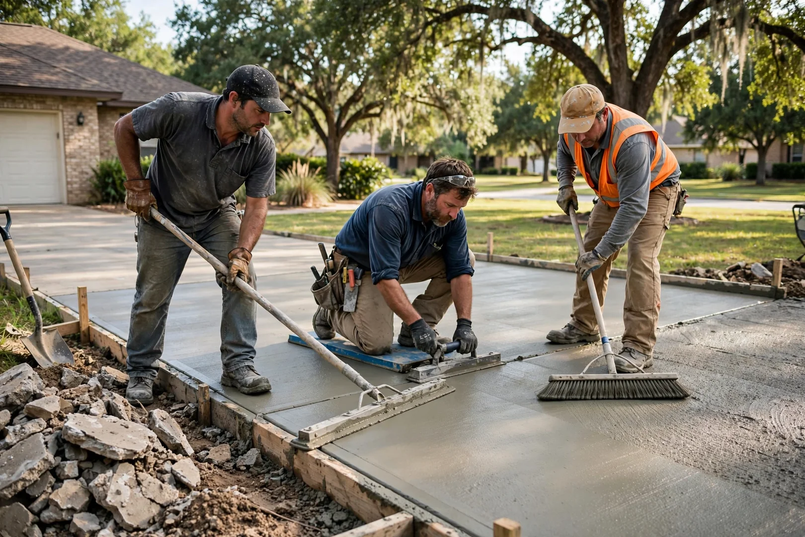 Concrete crew finishing a freshly poured residential driveway slab in Highland Village