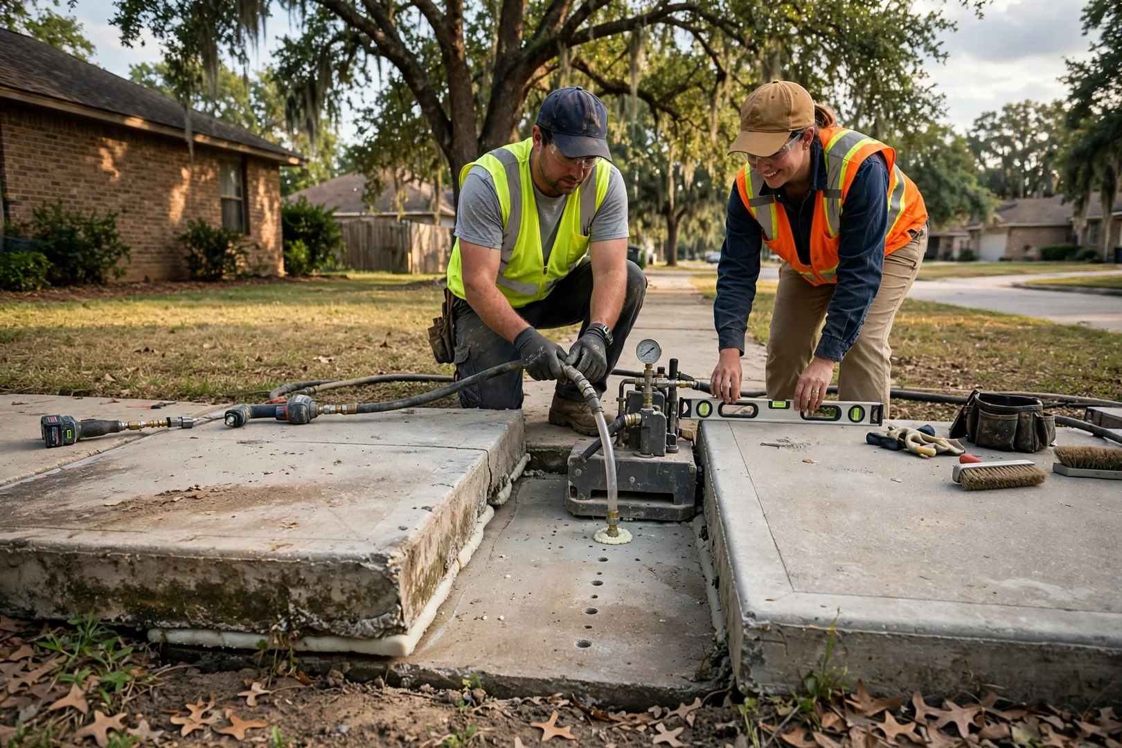 Sunken sidewalk panel being lifted back to grade during a slab leveling repair