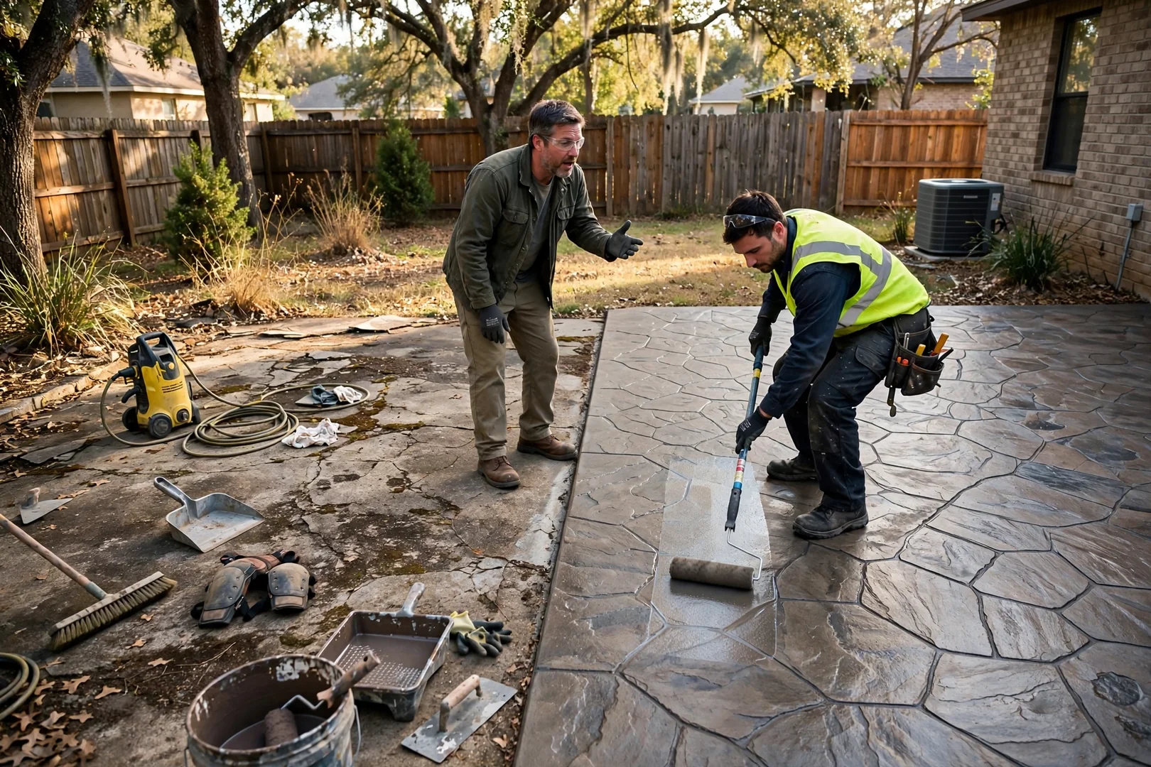 Stamped and stained backyard patio restored with a slate pattern finish