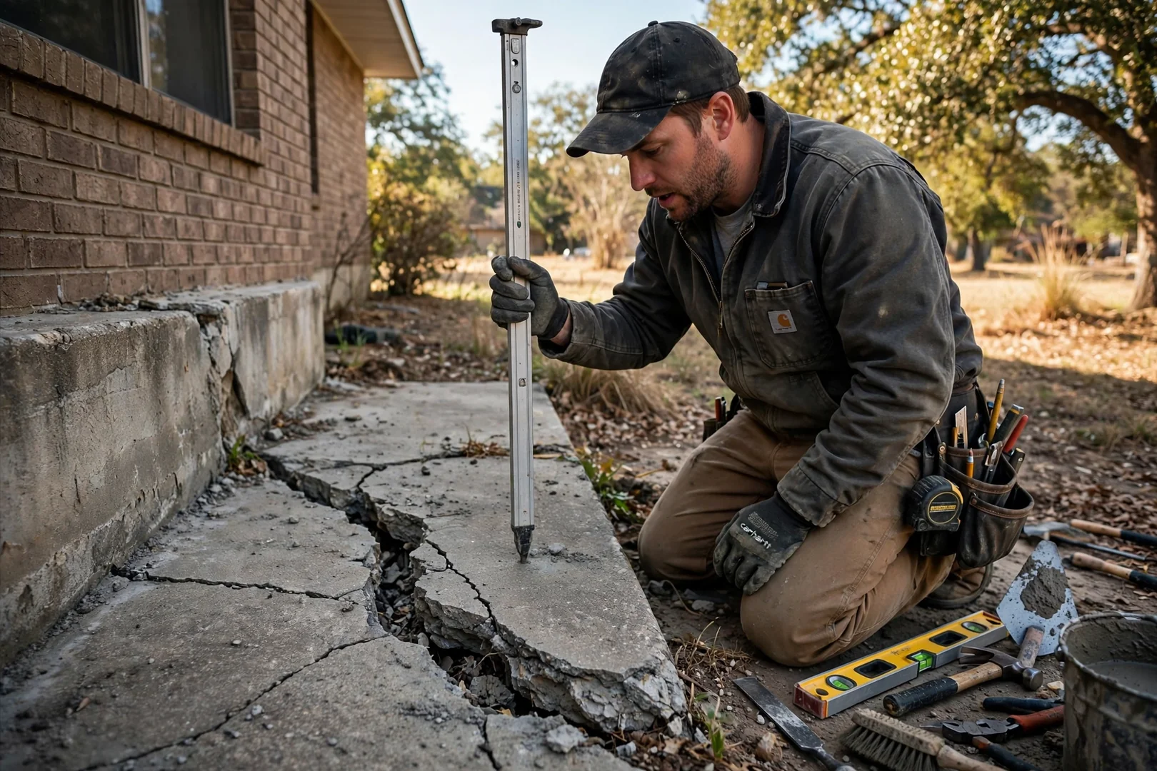 Contractor reviewing foundation elevation readings beside a cracked exterior slab