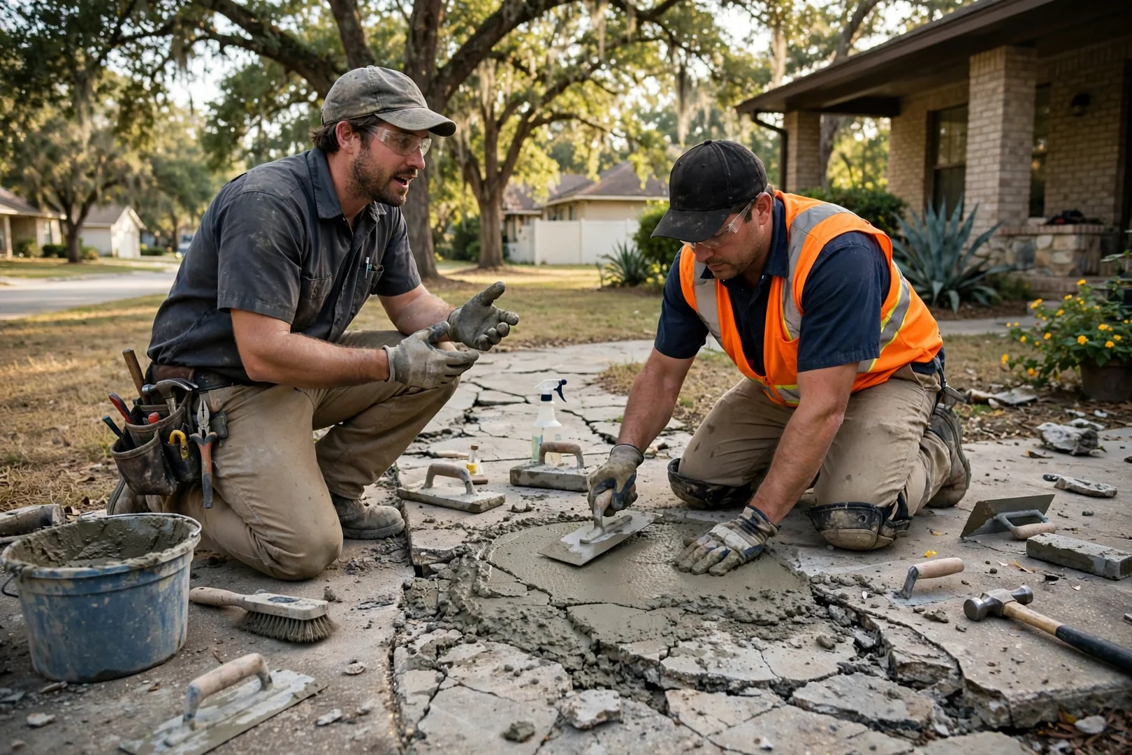 Contractor reviewing patio restoration plan with homeowner beside a repaired concrete slab