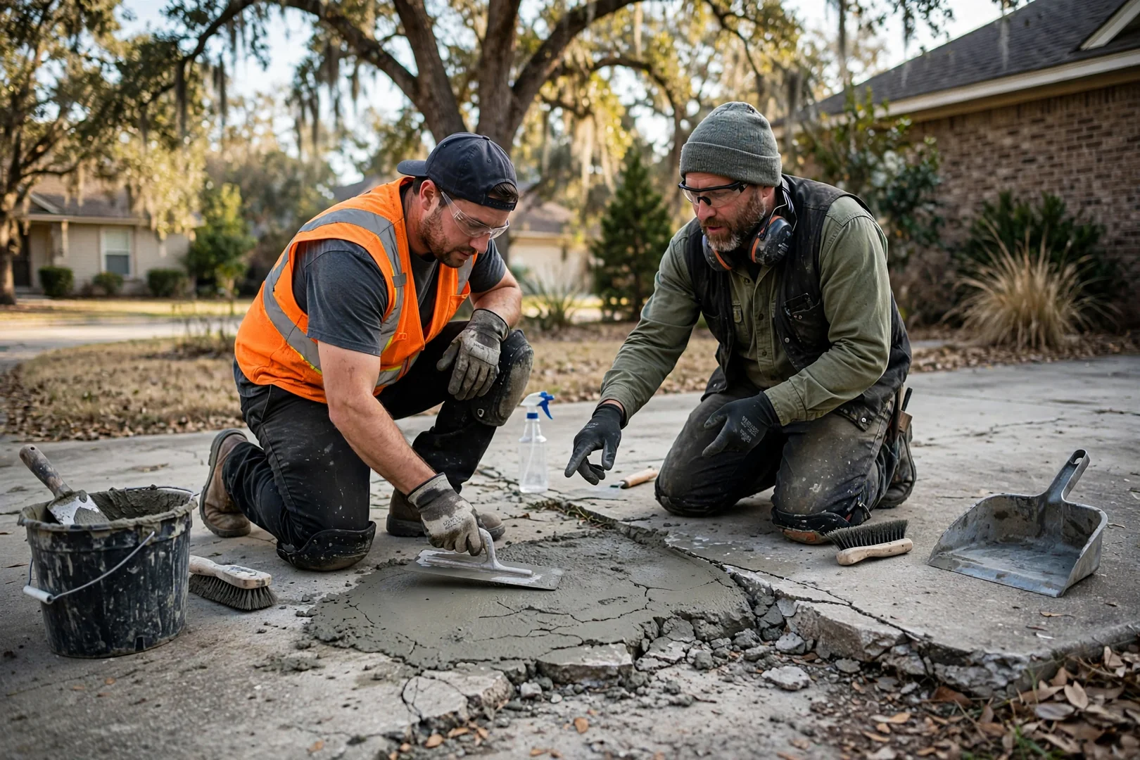 Concrete crew finishing a freshly poured residential driveway in Highland Village