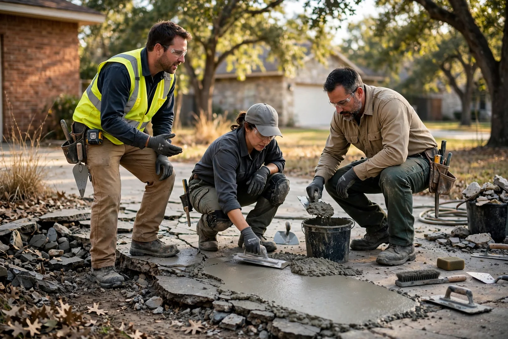 Concrete crew finishing a freshly poured residential driveway slab in Highland Village