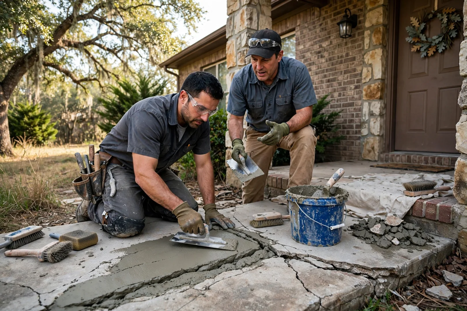 Contractor leveling a settled concrete slab with mudjacking equipment