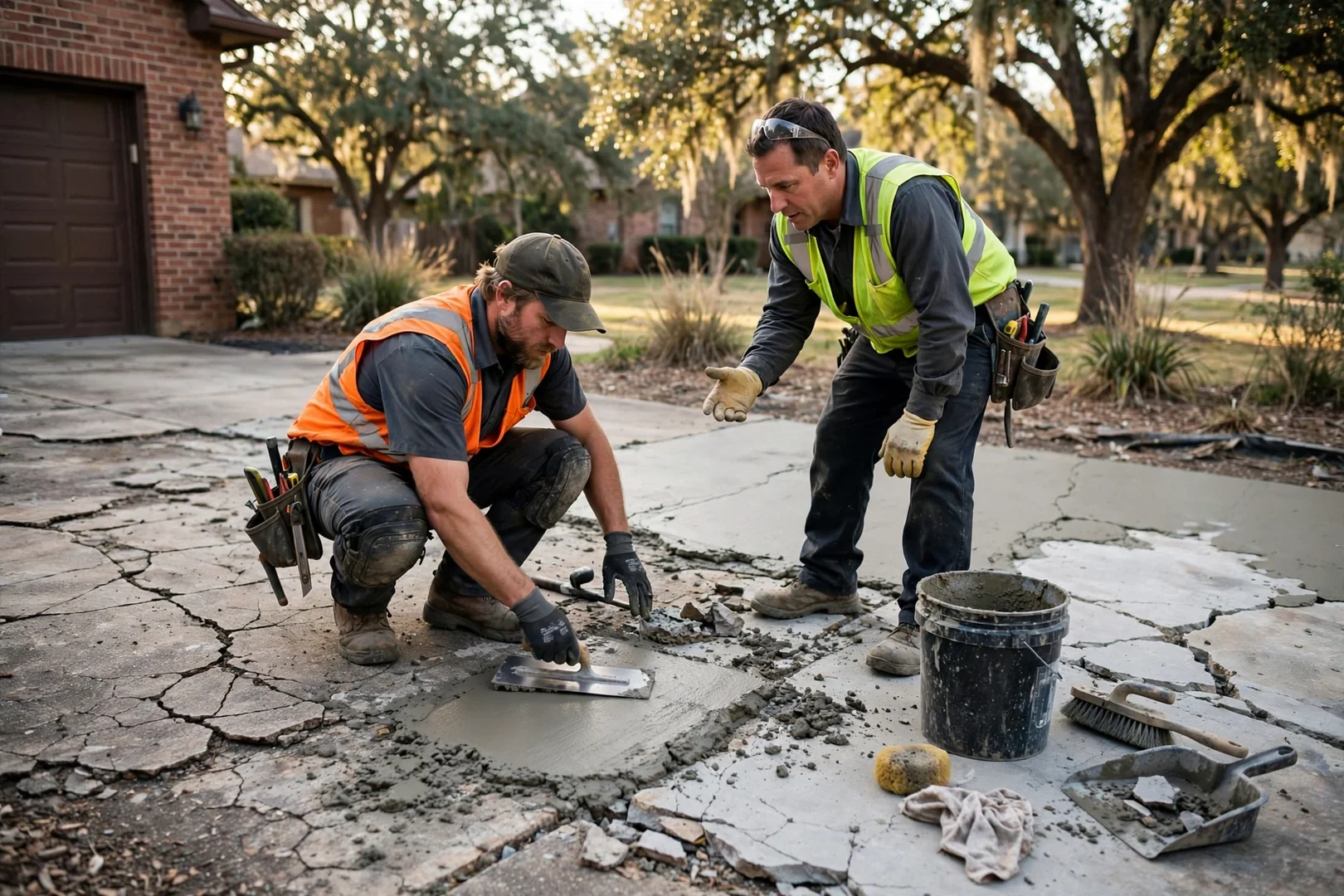 Contractor reviewing concrete repair estimate with homeowner on driveway