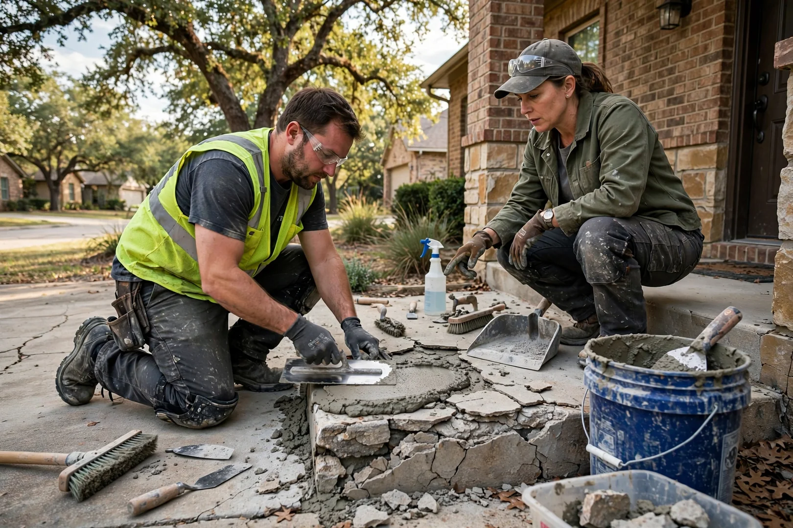 Contractor reviewing a cracked concrete slab with a homeowner before restoration work begins