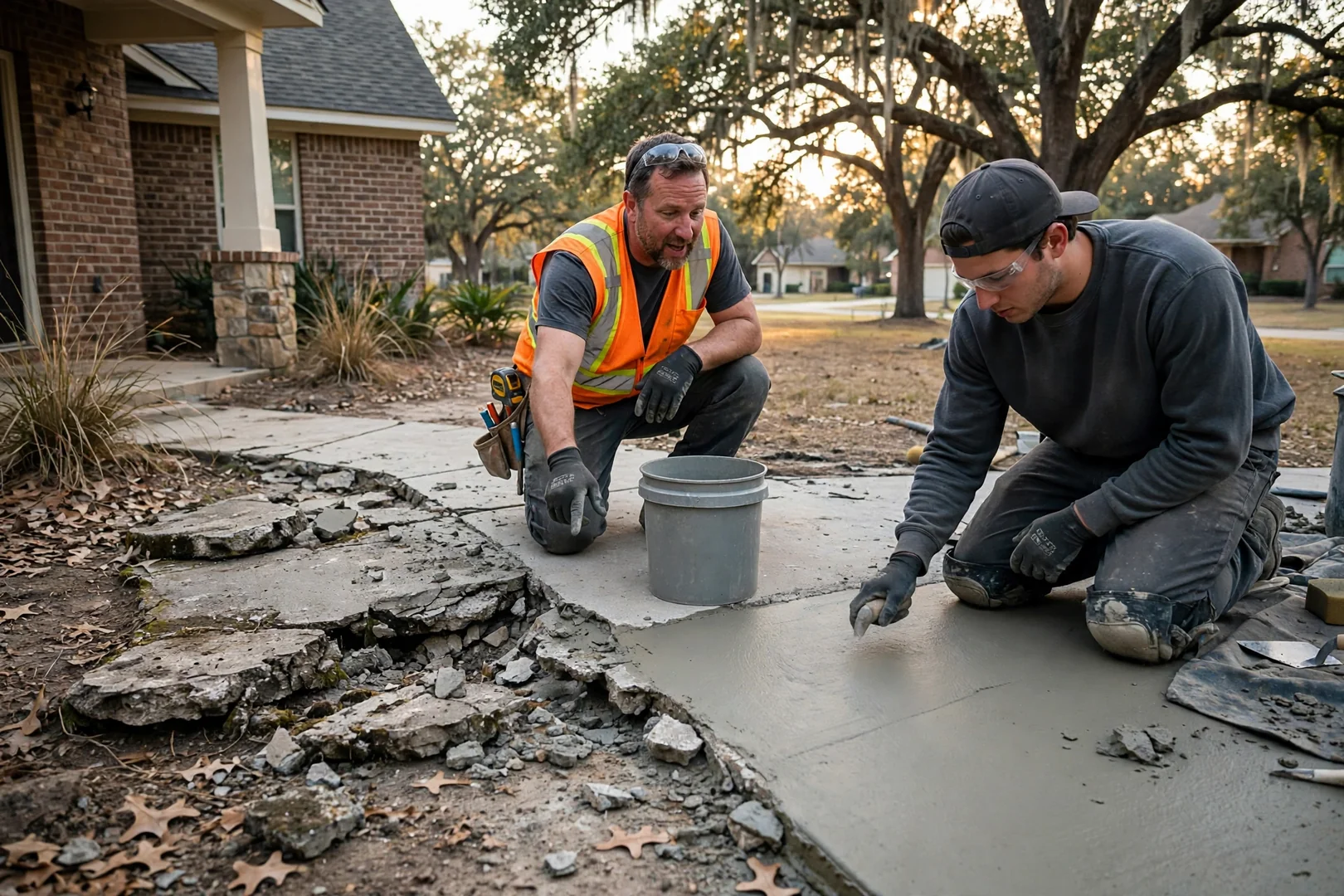 Cracked and settled driveway slab beside a Highland Village home awaiting concrete repair