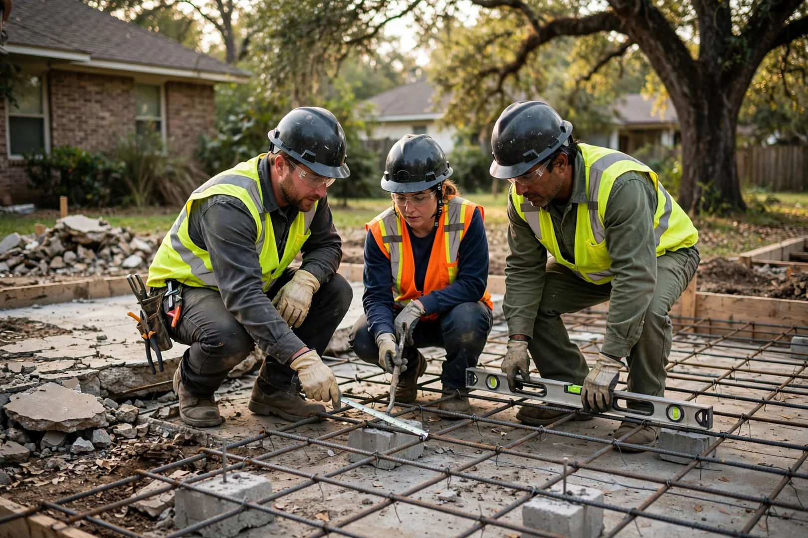 Concrete crew in protective gear checking rebar placement before a residential slab pour
