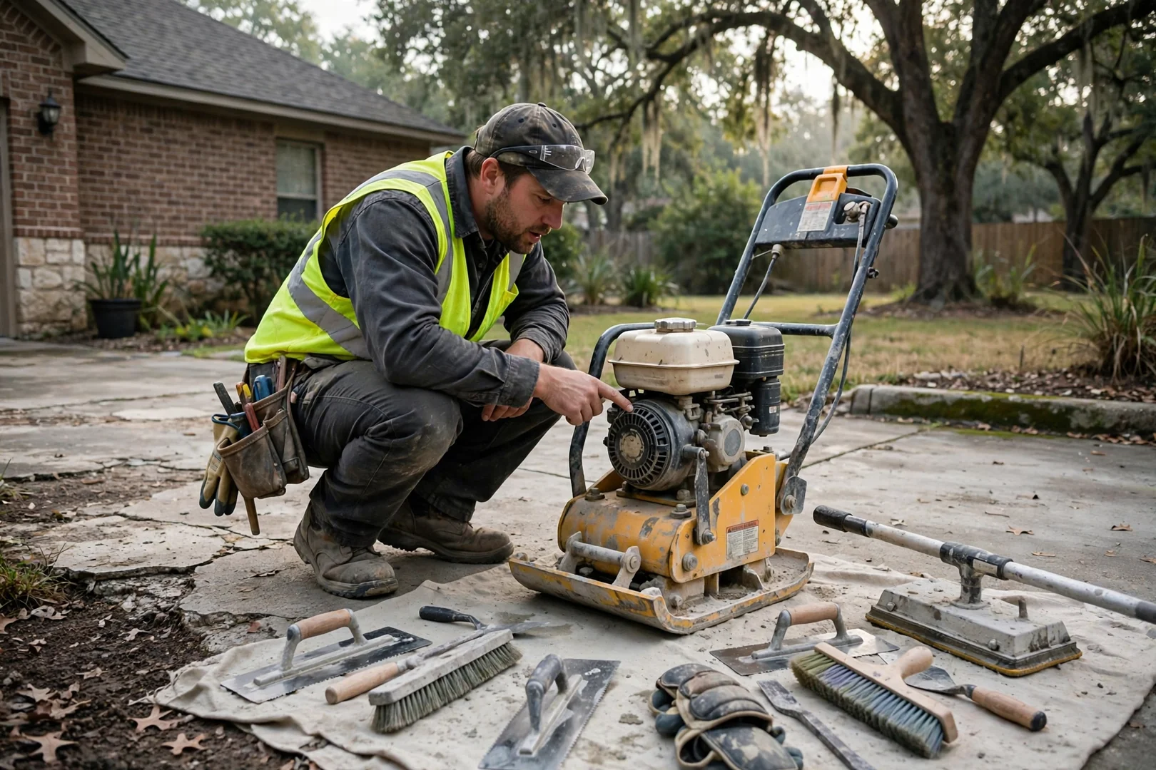 Contractor inspecting plate compactor and finishing tools at the start of a workday