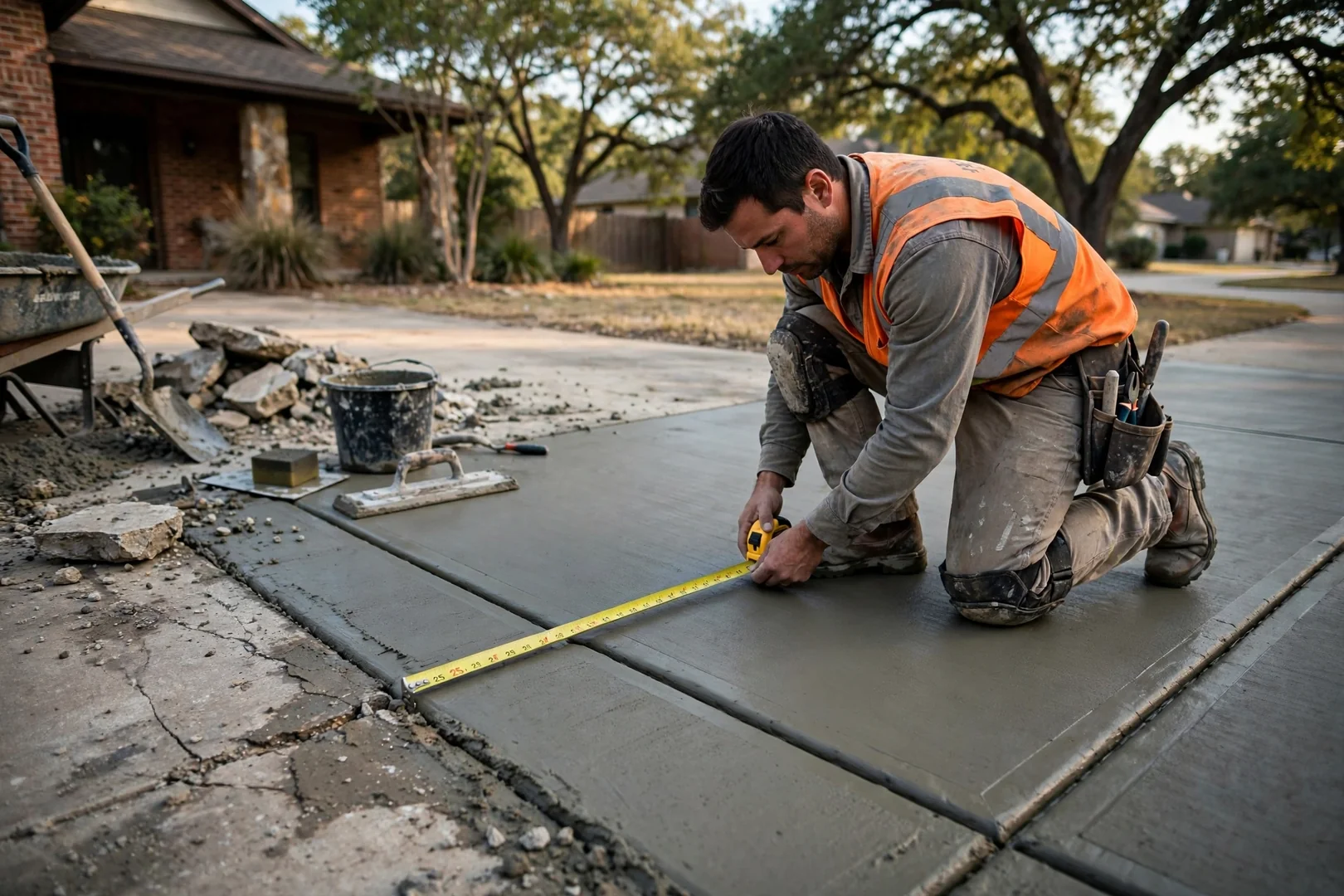 Finisher measuring expansion joint spacing on a freshly poured driveway section