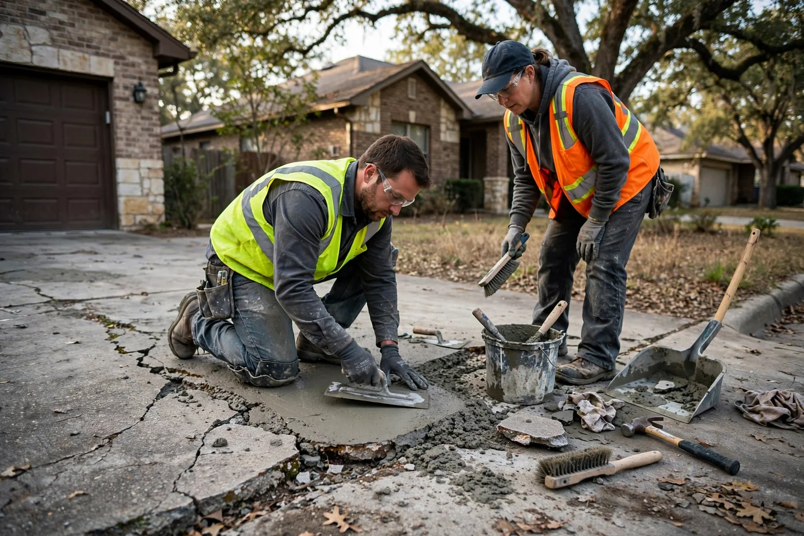 Technician injecting lifting material beneath a settled concrete sidewalk slab in a residential yard