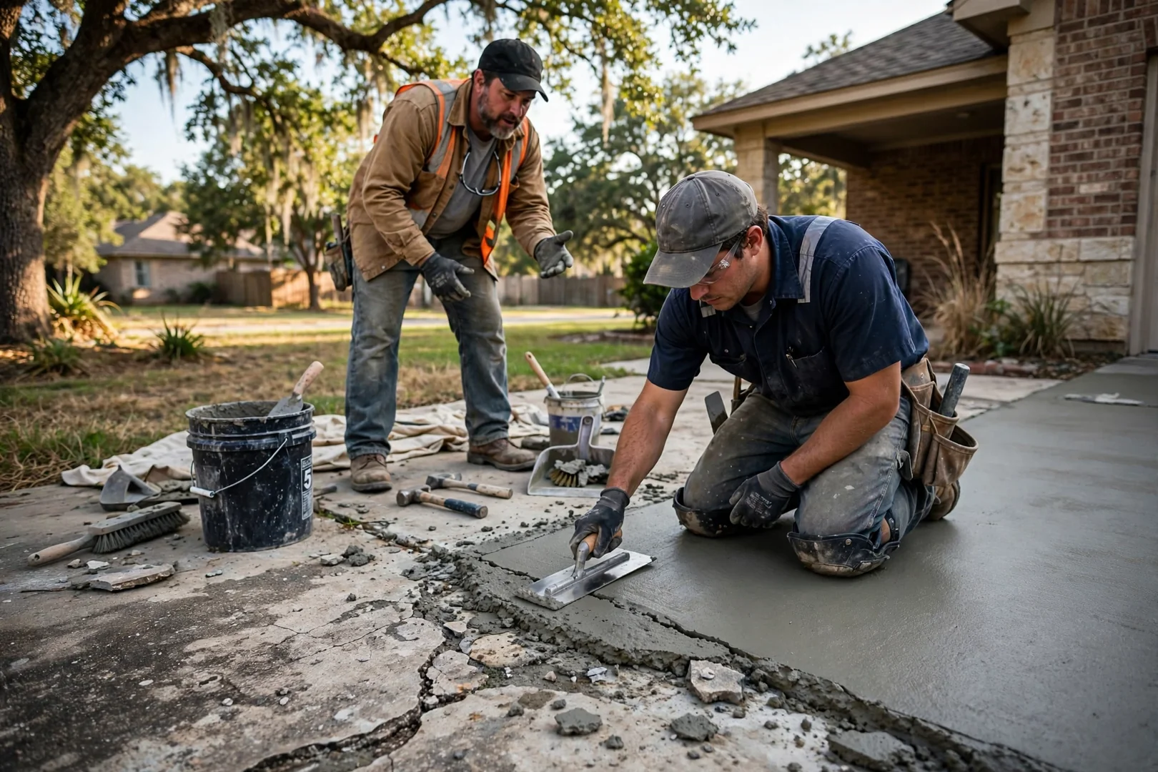 Contractor measuring a cracked residential driveway slab before concrete replacement in Highland Village
