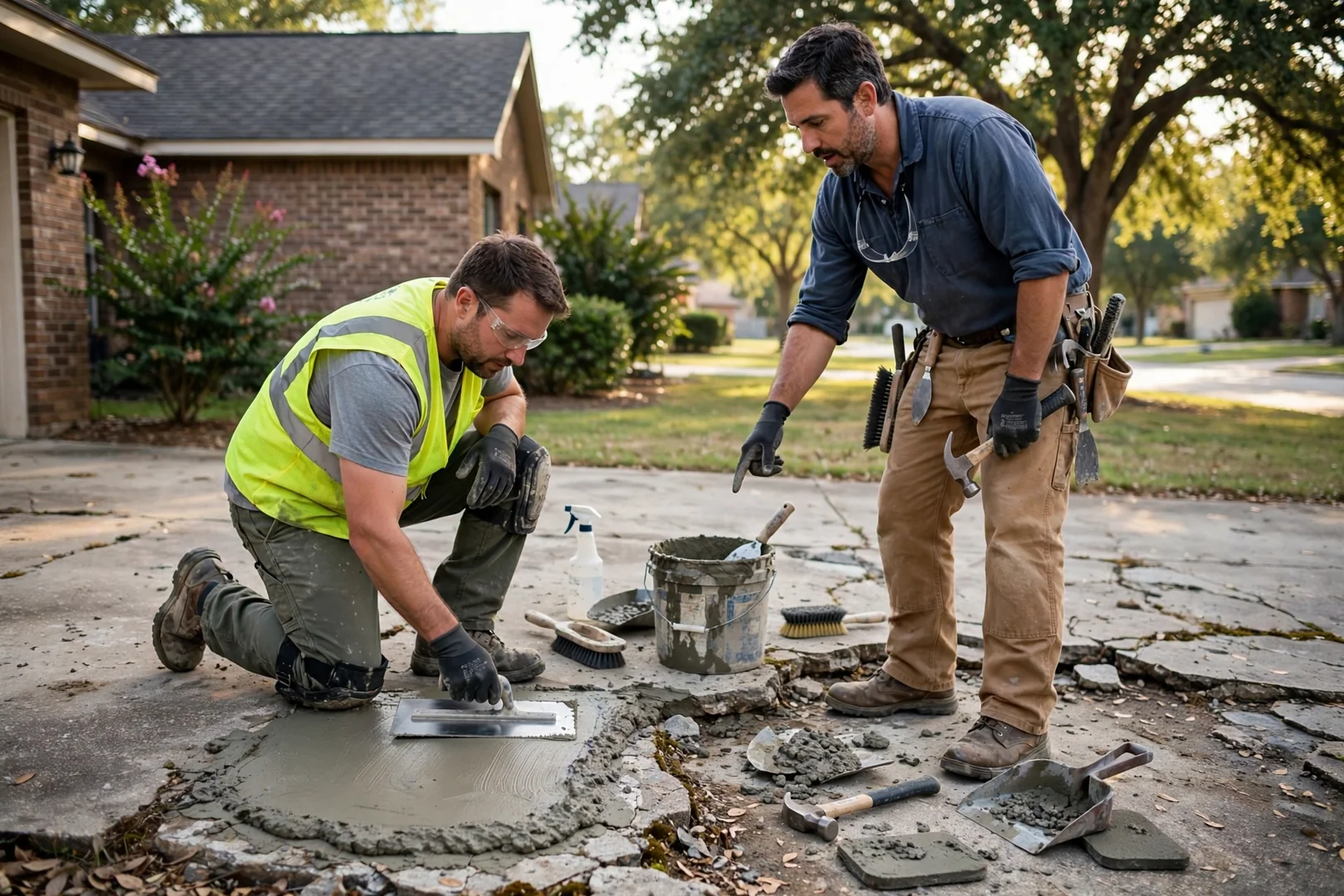 Freshly poured concrete driveway curing in front of a Highland Village brick home