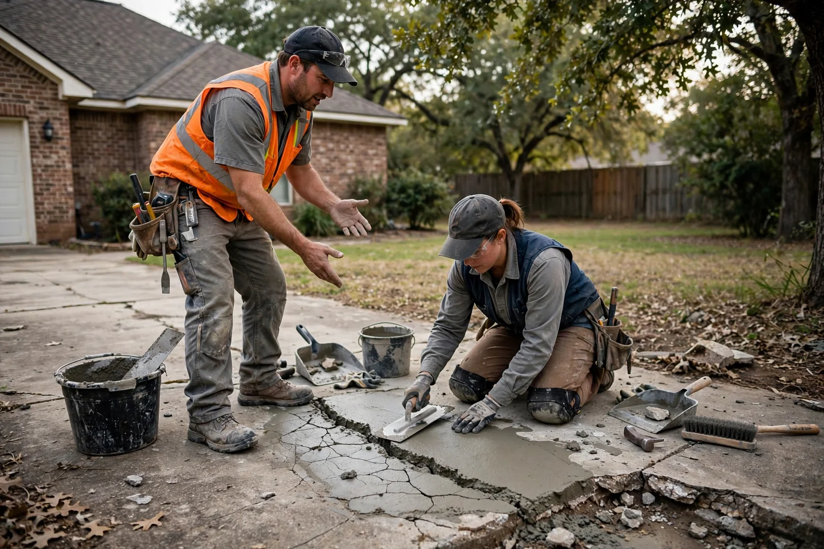 Newly finished concrete driveway with clean control joints beside a landscaped front yard