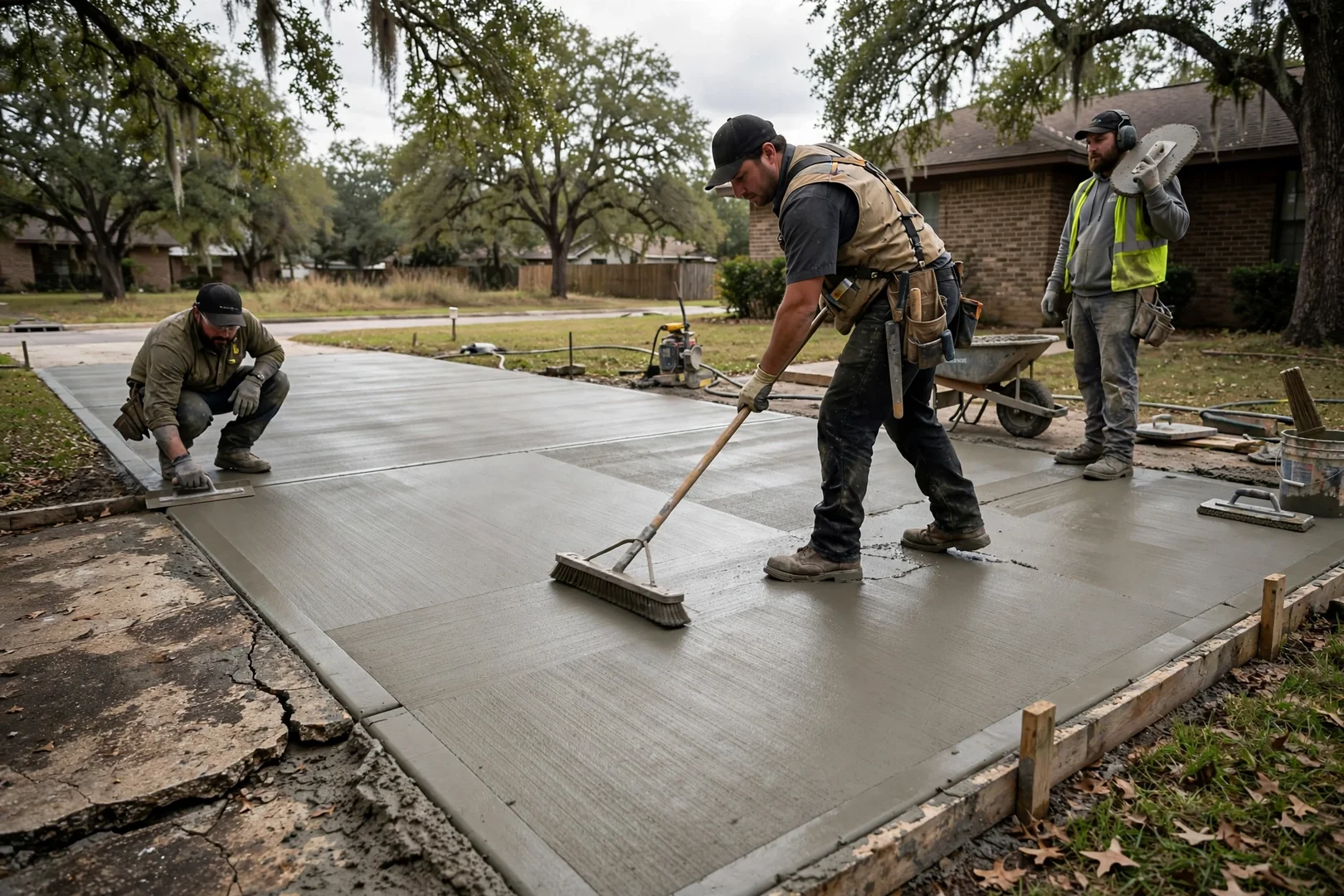 Crew finishing a freshly poured residential concrete driveway with a broom texture