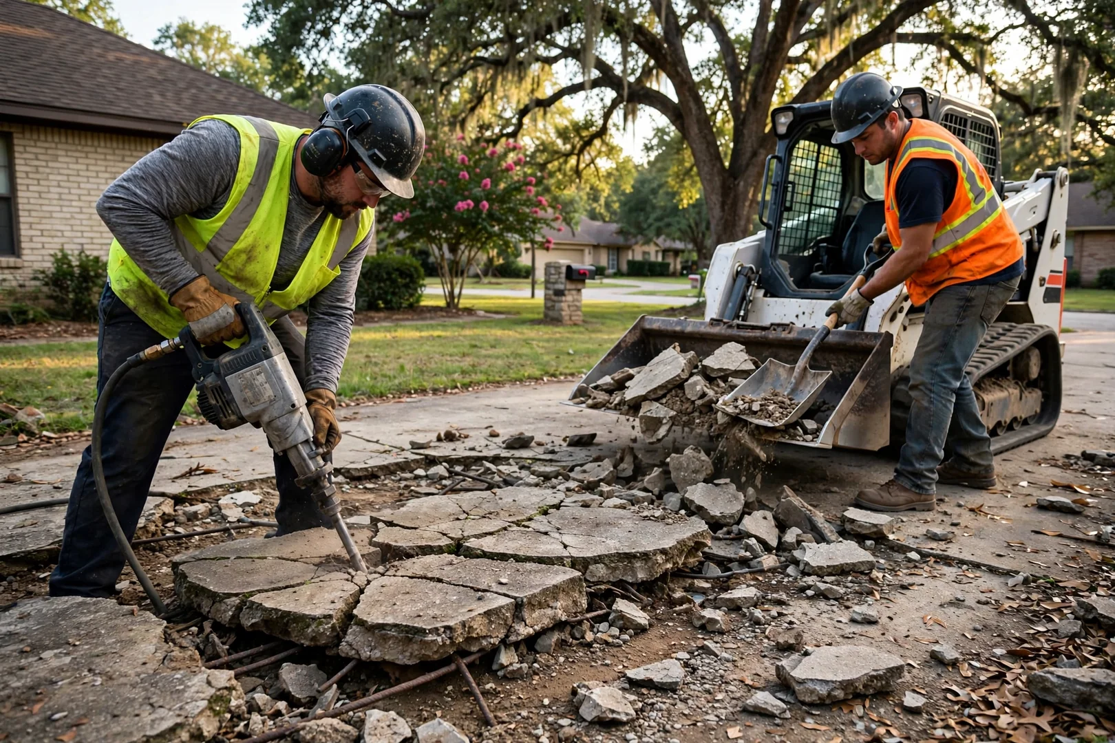Old cracked driveway slab being broken out and loaded for haul-off