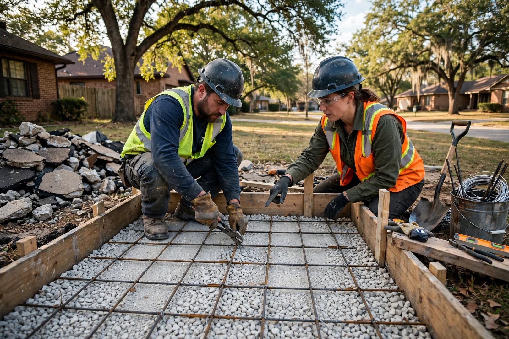 Compacted gravel base and rebar grid set inside driveway forms before pouring