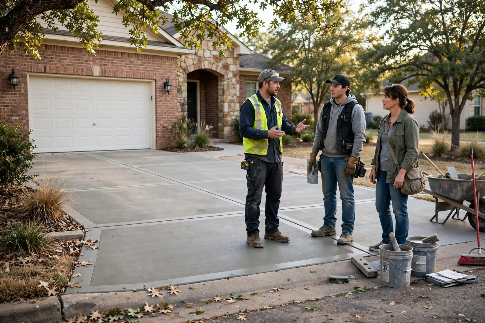 Completed replacement driveway with clean control joints at a Highland Village home