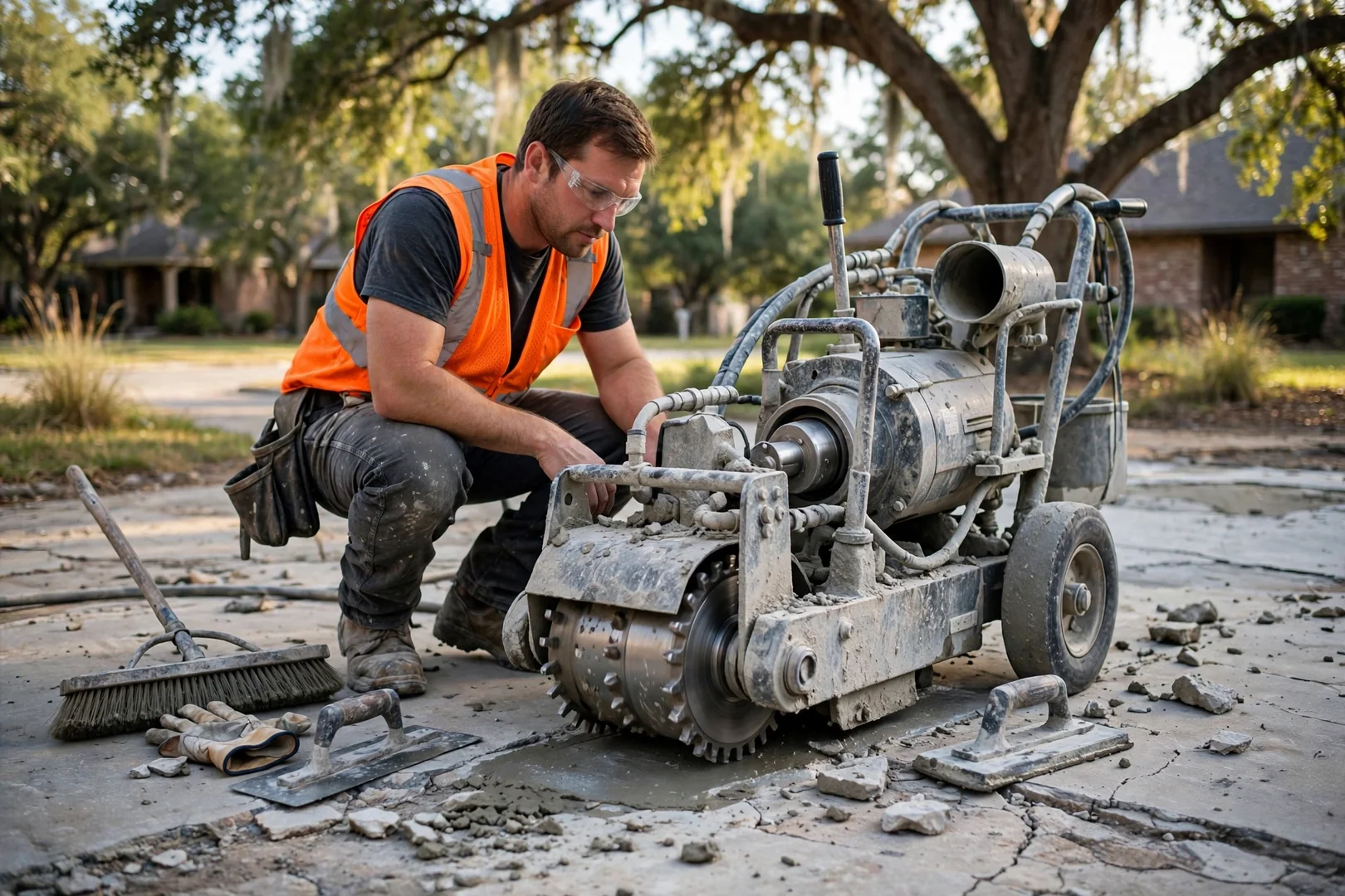 Highland Village Premier Concrete Contractors technician reviewing Concrete equipment in Highland Village, TX