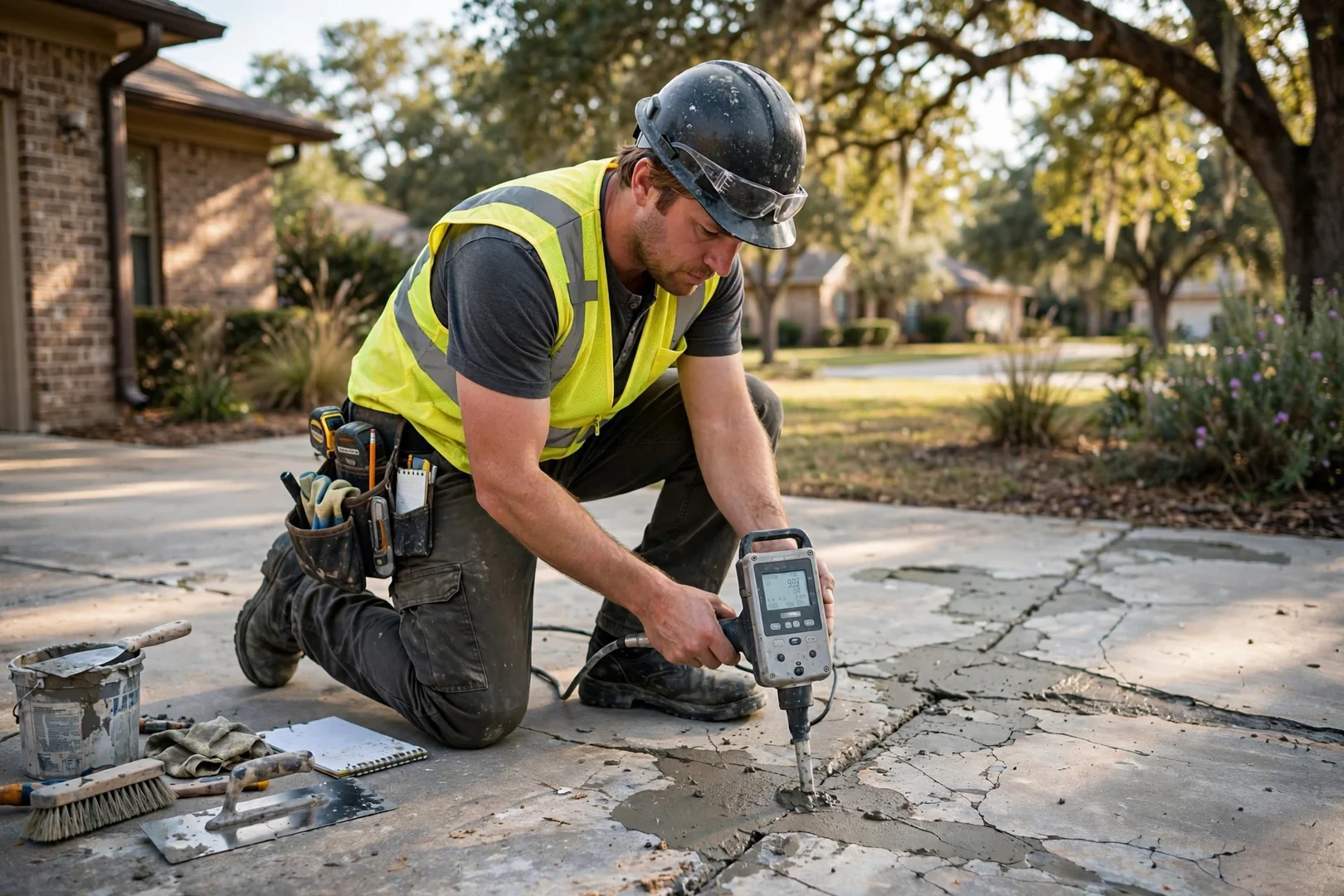 Highland Village Premier Concrete Contractors technician testing system performance