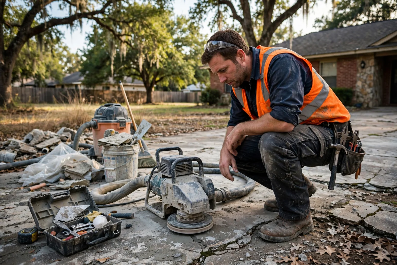 Highland Village Premier Concrete Contractors technician reviewing Concrete equipment in Highland Village, TX