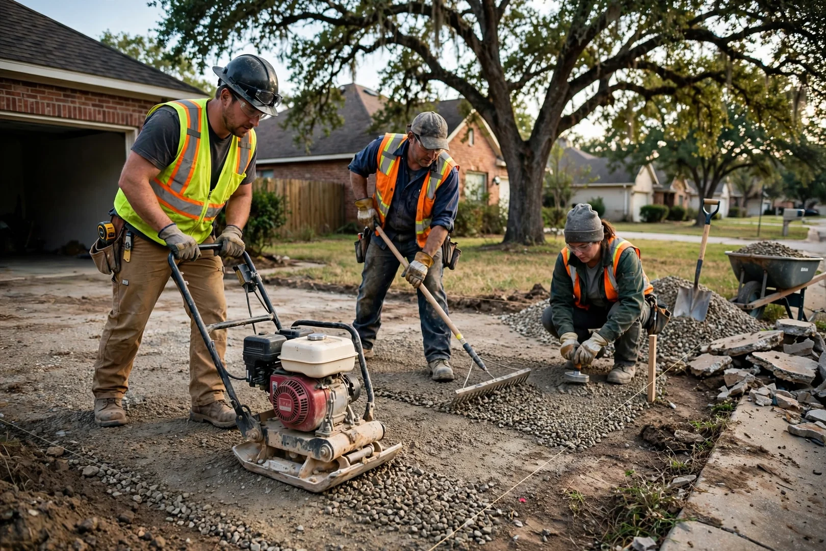 Crew compacting gravel subgrade before forming a replacement concrete driveway