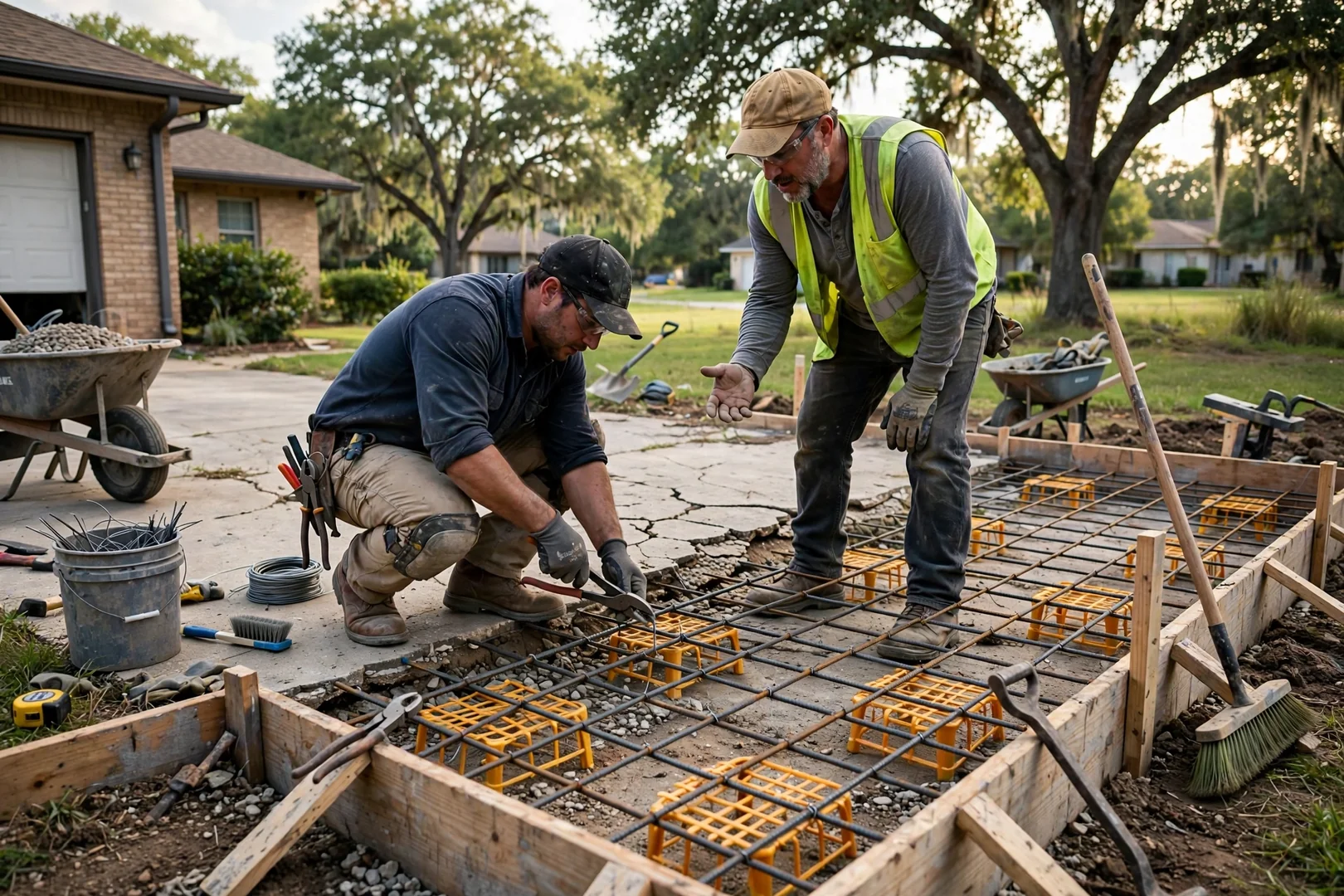 Rebar grid set on chairs inside driveway forms ready for a concrete pour
