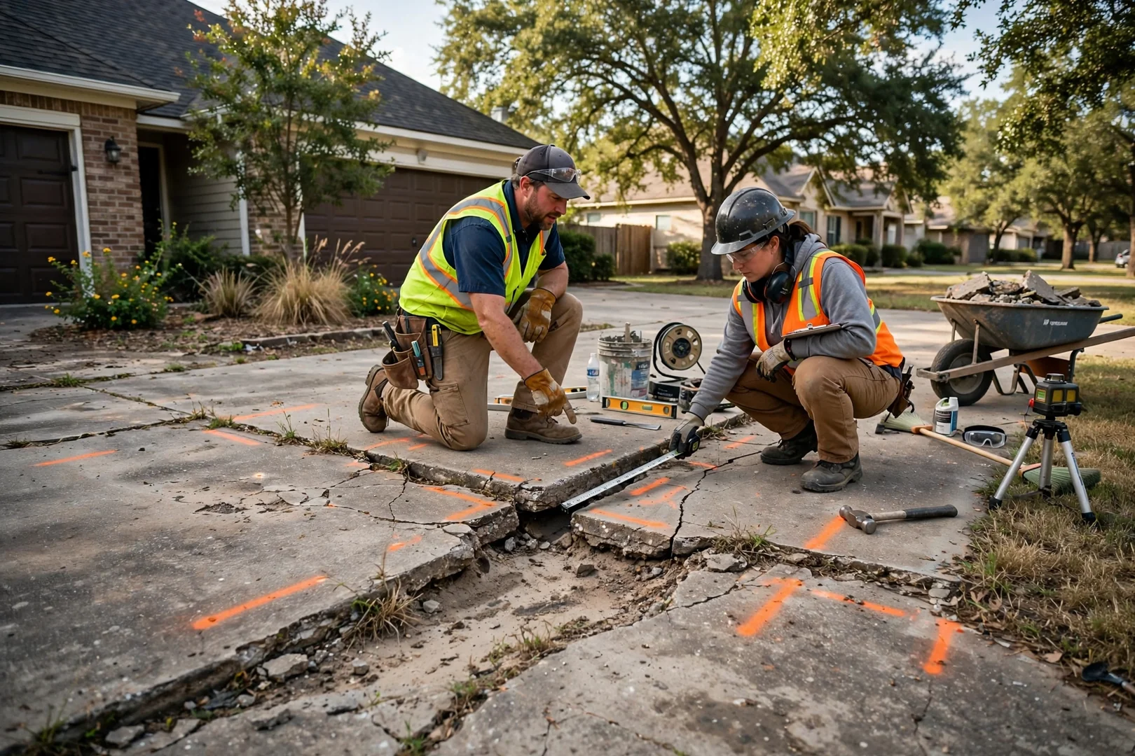 Deteriorated driveway with settlement cracks awaiting full concrete restoration