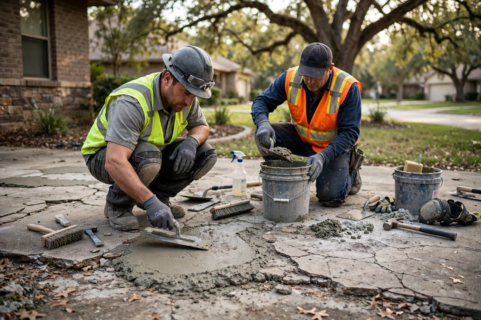 Contractor measuring a settled concrete driveway slab before mudjacking repair in Highland Village