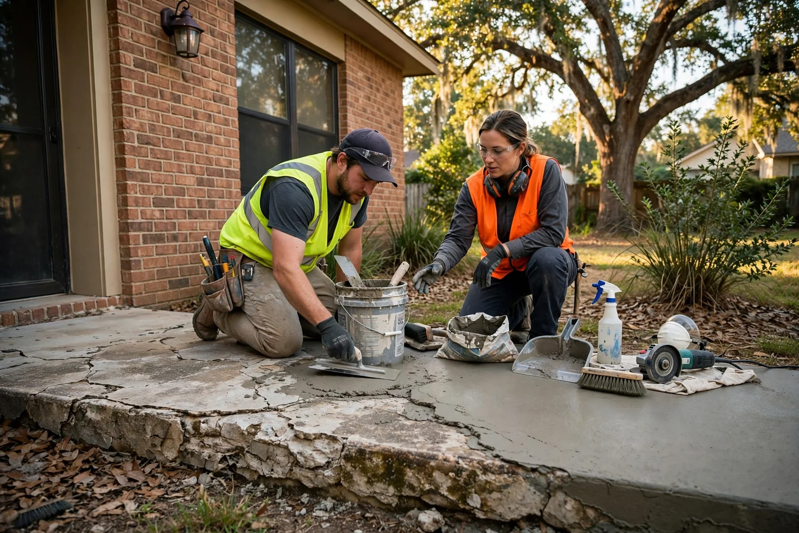 Technician injecting lifting foam beneath a settled driveway slab at a Highland Village home