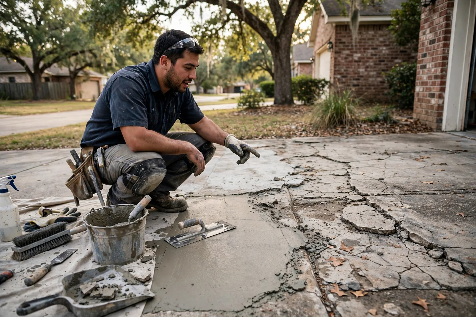 Settled concrete slab being raised with foam injection on a residential walkway