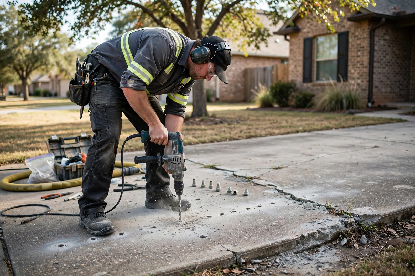 Technician drilling small injection ports into a settled concrete driveway slab
