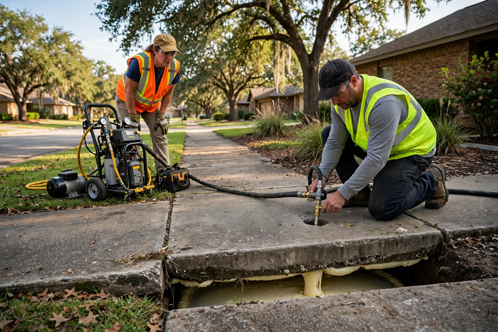 Polyurethane foam being pumped beneath a sunken sidewalk to restore grade