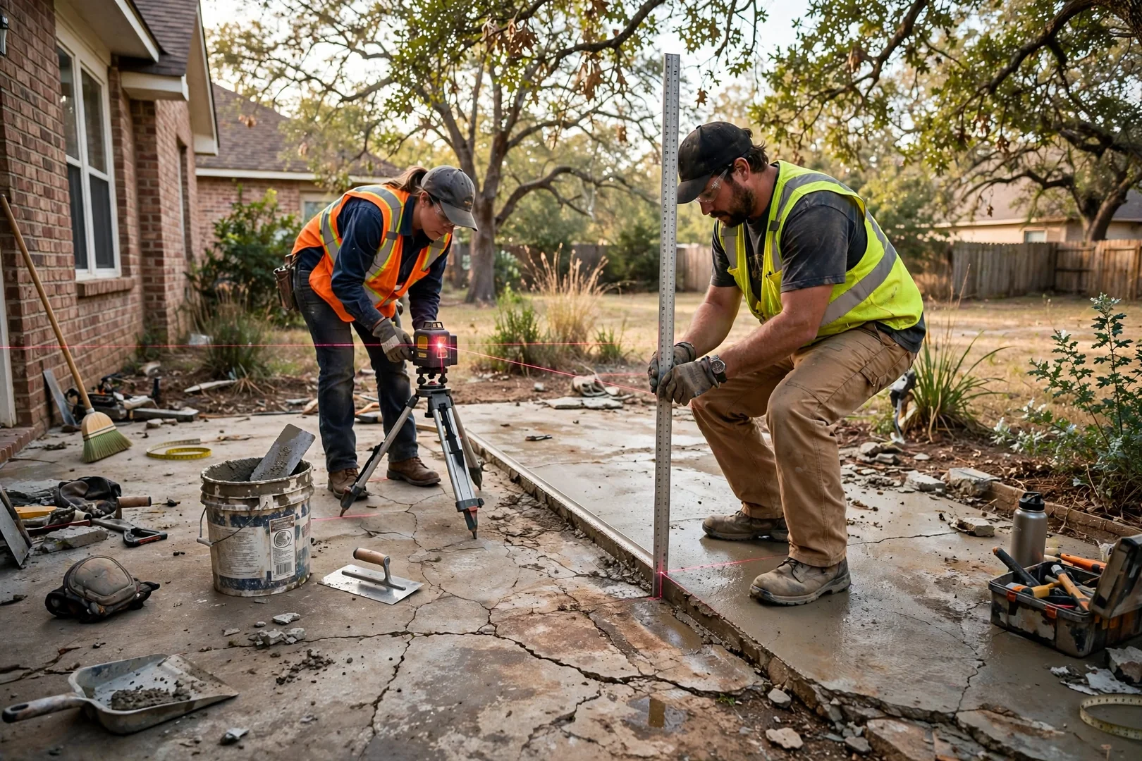 Laser level set up to measure slab elevation on a residential patio