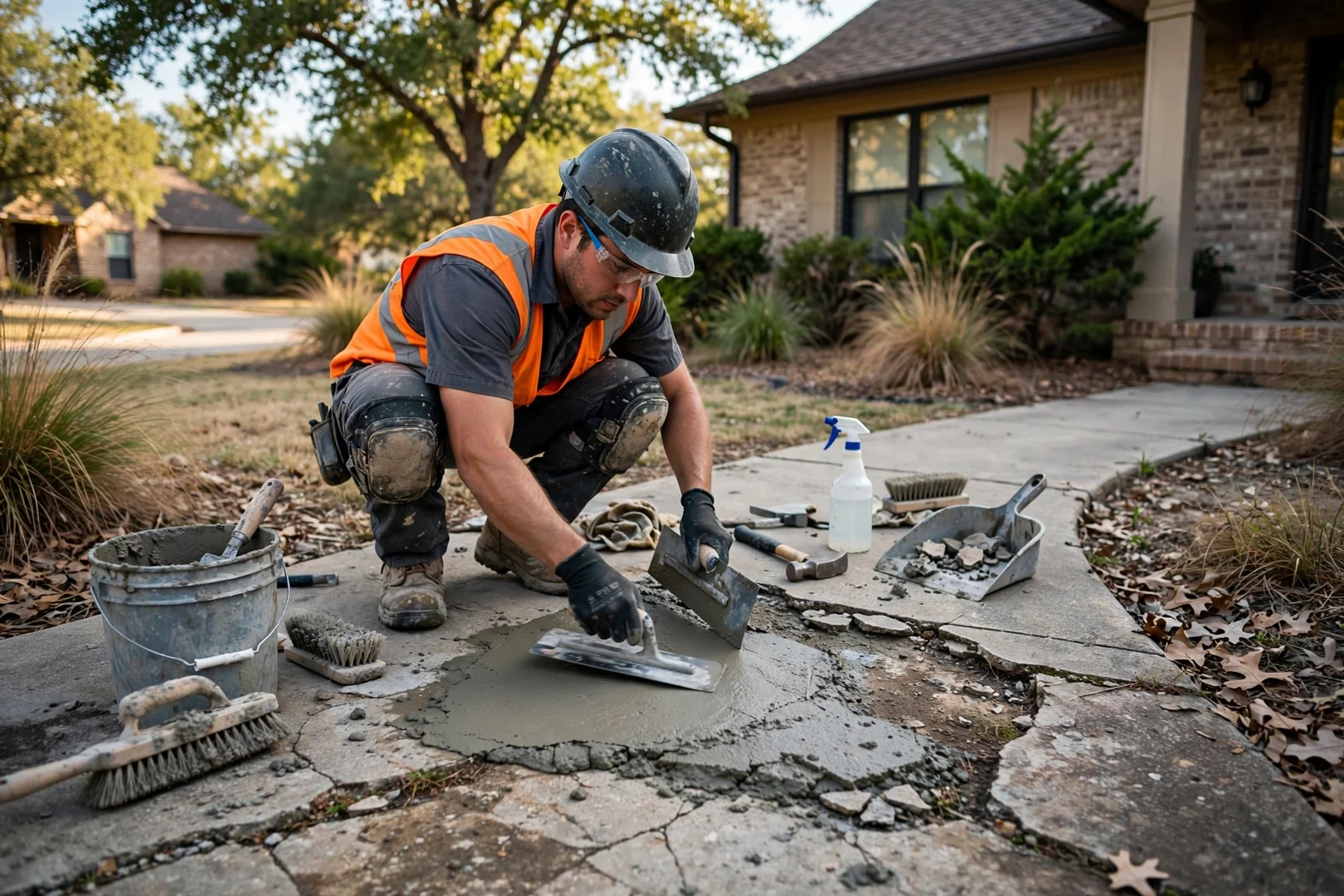 Settled driveway panel with a raised joint edge creating a trip hazard outside a home