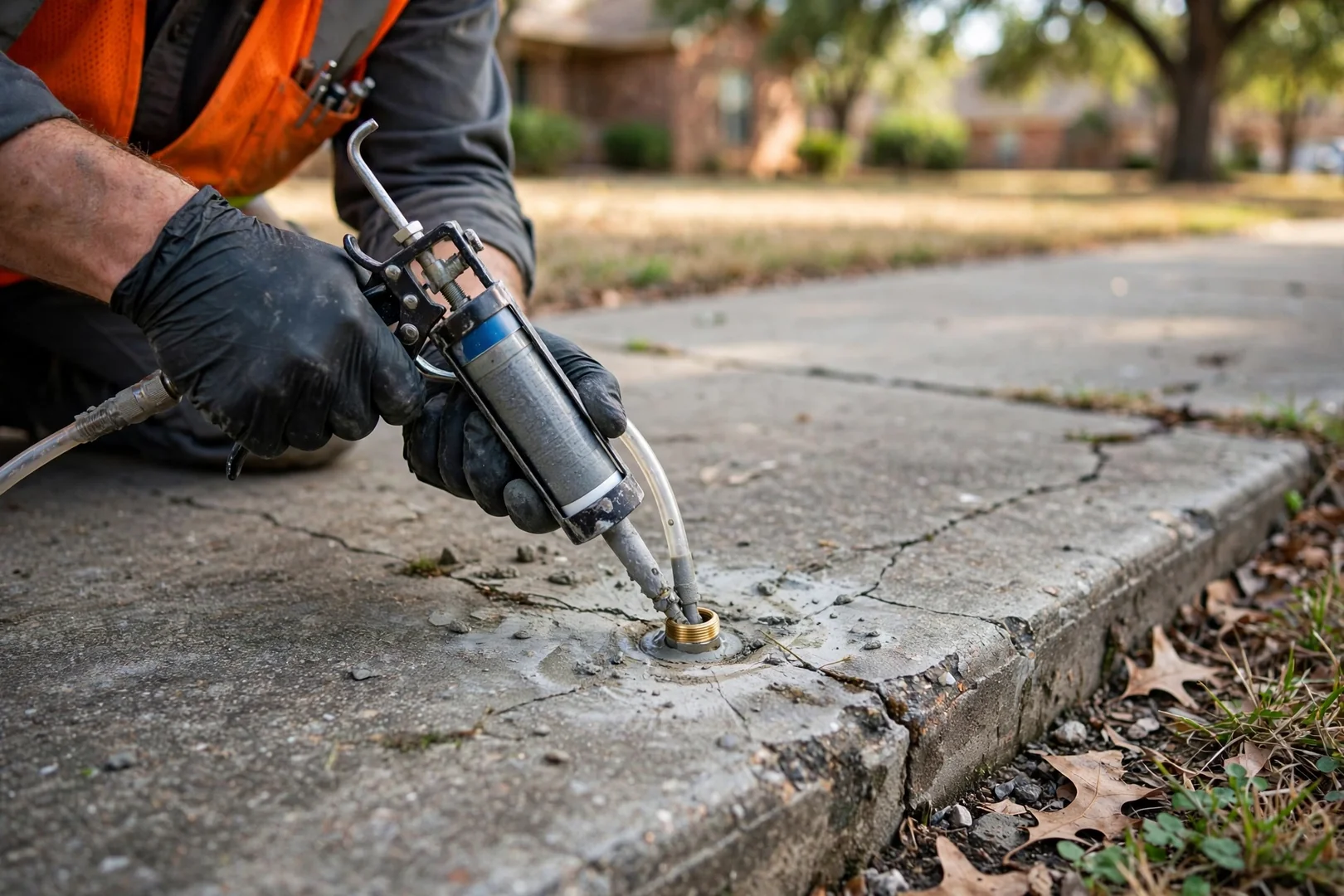 Close-up of small injection port drilled into a residential sidewalk slab
